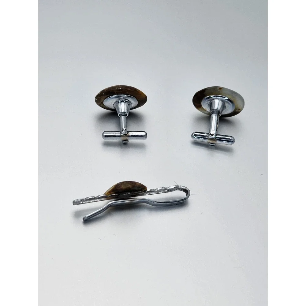 Vtg AGATE W/ FOSSILS‎ Cabochon Men's Tie Bar Clip & Cufflinks Set FREE $HIPPING!
